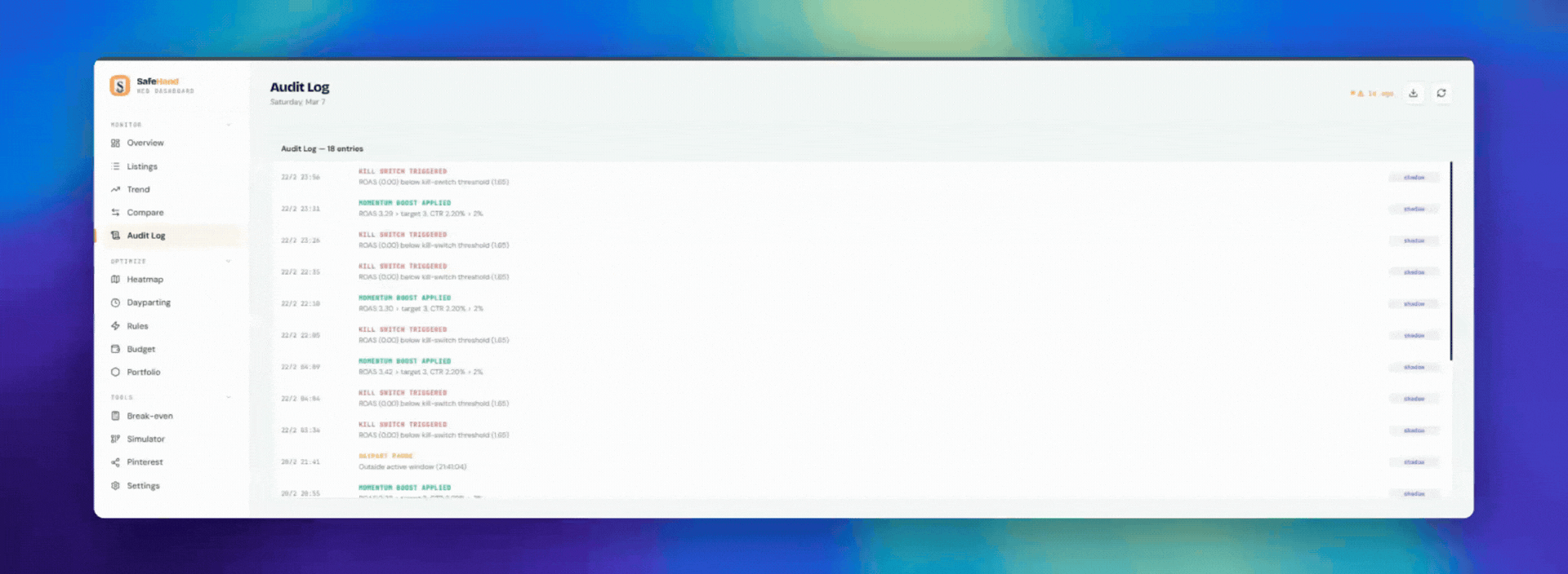 SafeHand kill switch audit log — live demo